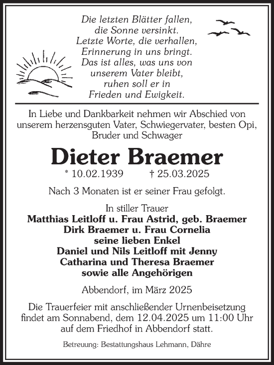 Traueranzeige von Dieter Braemer von Volksstimme Altmark West