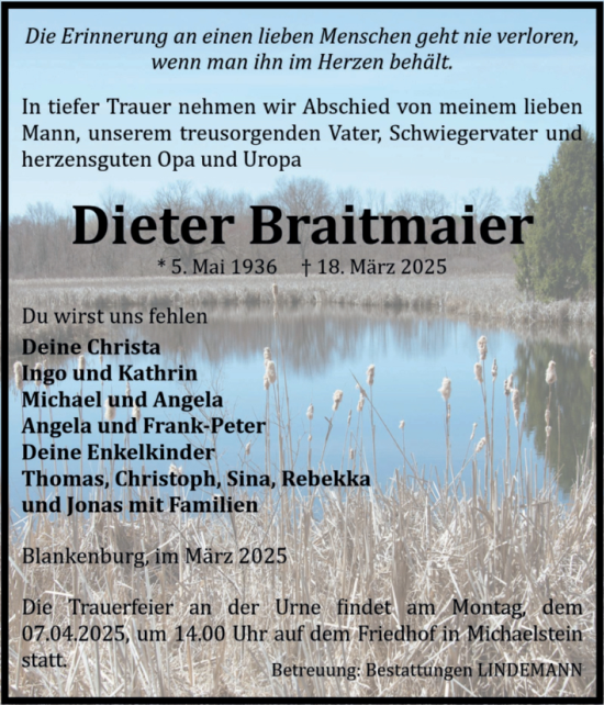 Traueranzeige von Dieter Braitmaier von Volksstimme Wernigerode
