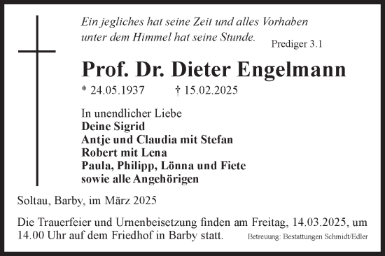 Traueranzeige von Dieter Engelmann von Volksstimme Schönebeck