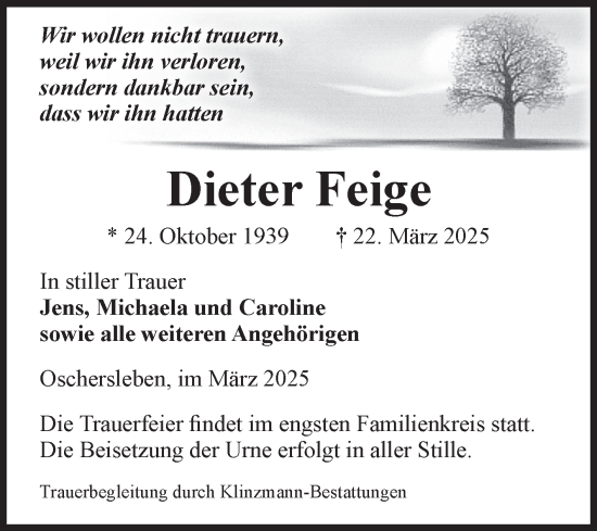 Traueranzeige von Dieter Feige von Volksstimme Oschersleben/Wanzleben