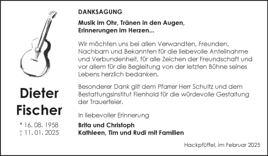 Traueranzeige von Dieter Fischer von Trauerkombi Sangerhausen