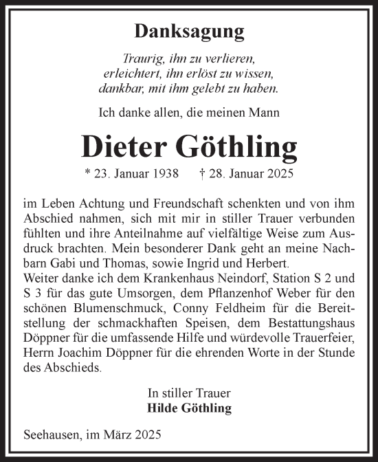 Traueranzeige von Dieter Göthling von Volksstimme Oschersleben/Wanzleben