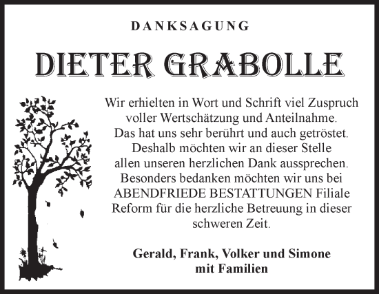 Traueranzeige von Dieter Grabolle von Volksstimme Magdeburg