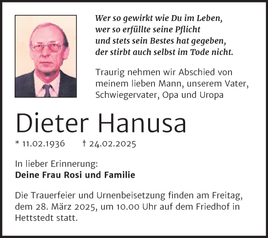 Traueranzeige von Dieter Hanusa von Trauerkombi Mansfelder Land