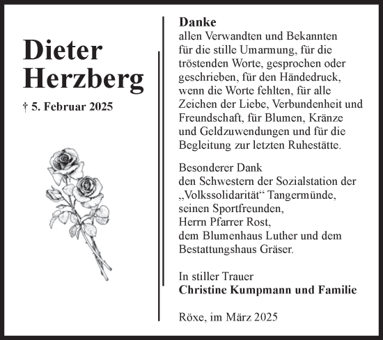 Traueranzeige von Dieter Herzberg von Volksstimme Altmark Ost