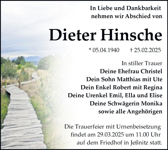Traueranzeige von Dieter Hinsche von Trauerkombi Bitterfeld