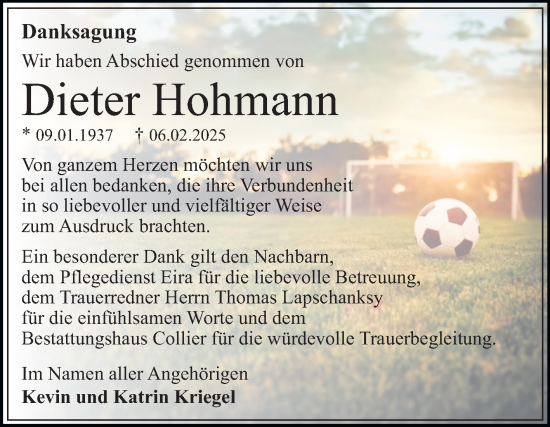 Traueranzeige von Dieter Hohmann von Trauerkombi Dessau