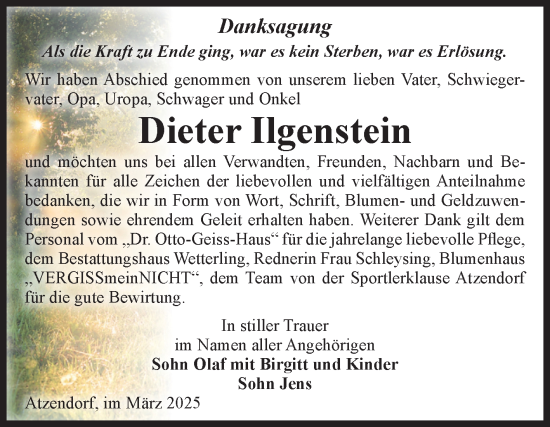 Traueranzeige von Dieter Ilgenstein von Volksstimme Staßfurt