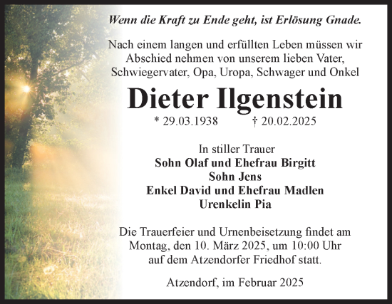 Traueranzeige von Dieter Ilgenstein von Volksstimme Staßfurt
