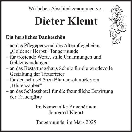 Traueranzeige von Dieter Klemt von Volksstimme Altmark Ost