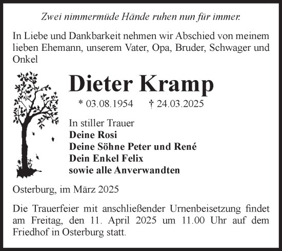 Traueranzeige von Dieter Kramp von Volksstimme Altmark Ost
