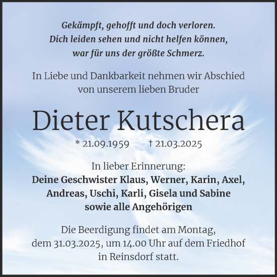 Traueranzeige von Dieter Kutschera von Trauerkombi Köthen