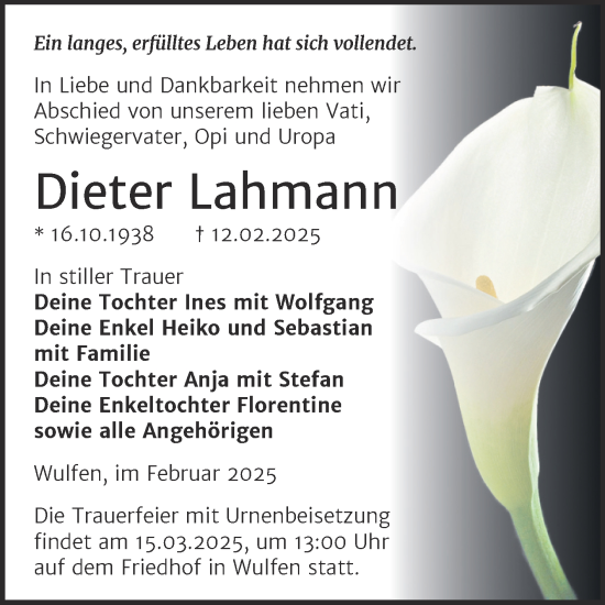 Traueranzeige von Dieter Lahmann von Trauerkombi Köthen