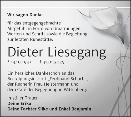 Traueranzeige von Dieter Liesegang von Trauerkombi Wittenberg
