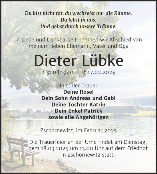 Traueranzeige von Dieter Lübke von Trauerkombi Wittenberg