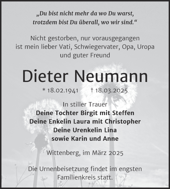 Traueranzeige von Dieter Neumann von Trauerkombi Wittenberg