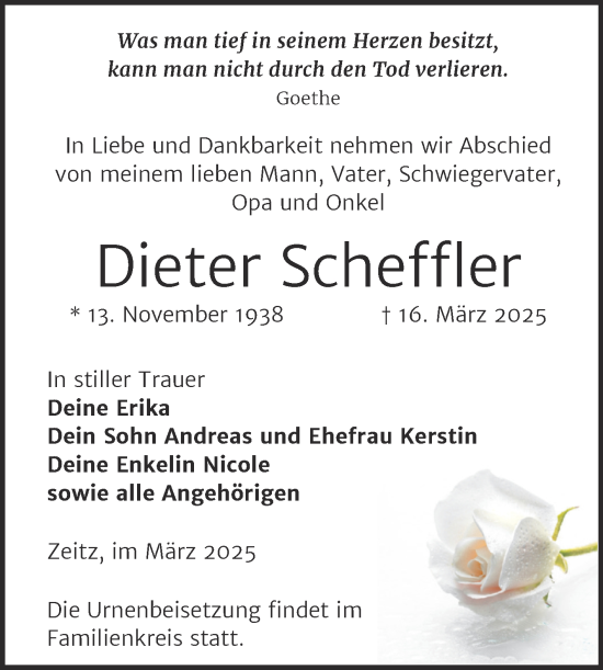 Traueranzeige von Dieter Scheffler von Trauerkombi Zeitz