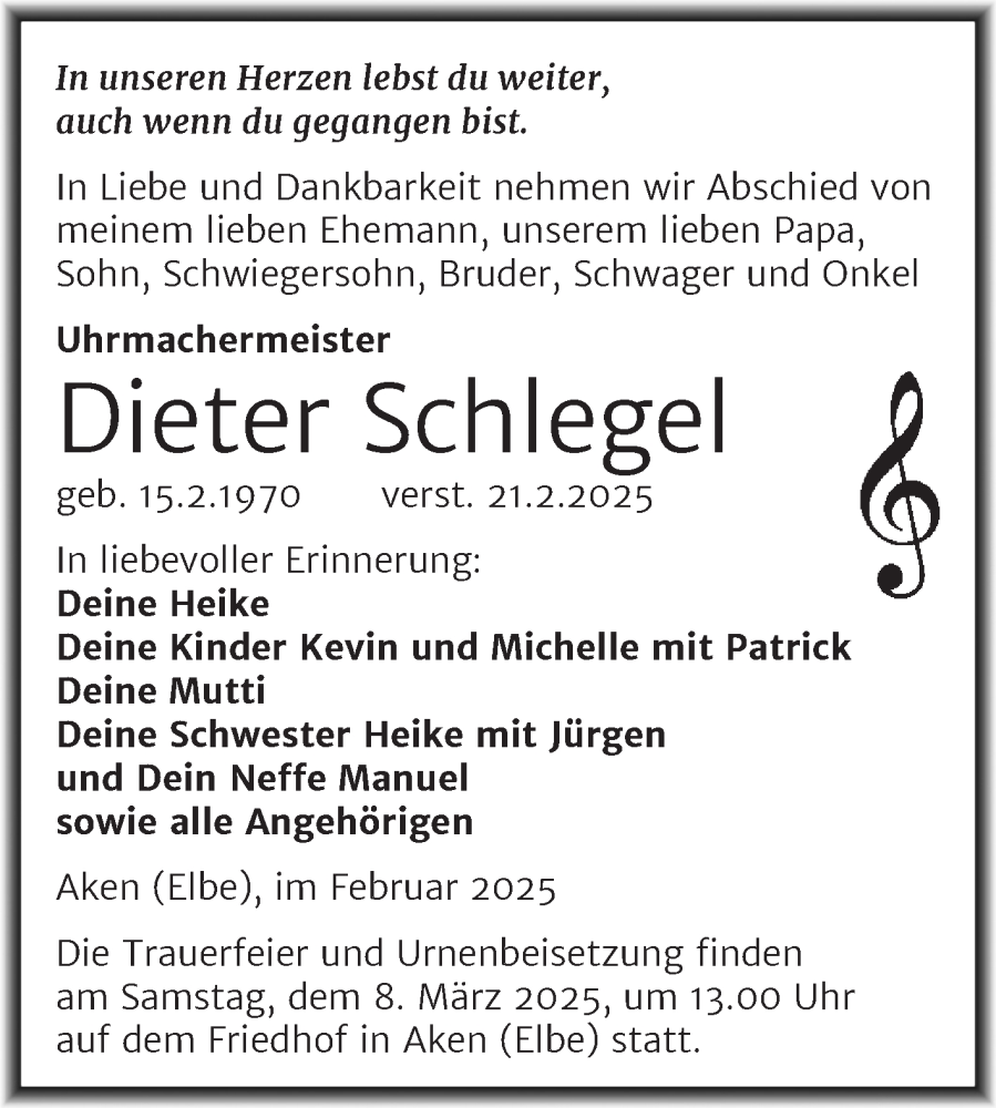  Traueranzeige für Dieter Schlegel vom 01.03.2025 aus Trauerkombi Köthen