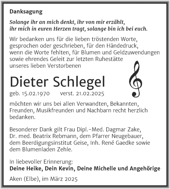 Traueranzeige von Dieter Schlegel von Trauerkombi Köthen