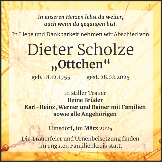 Traueranzeige von Dieter Scholze von Trauerkombi Köthen