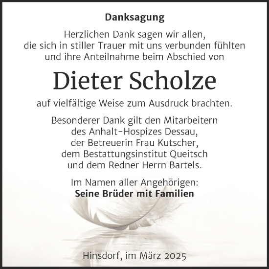 Traueranzeige von Dieter Scholze von Trauerkombi Köthen