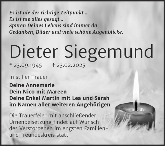 Traueranzeige von Dieter Siegemund von Trauerkombi Bitterfeld