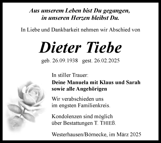 Traueranzeige von Dieter Tiebe von Trauerkombi Quedlinburg