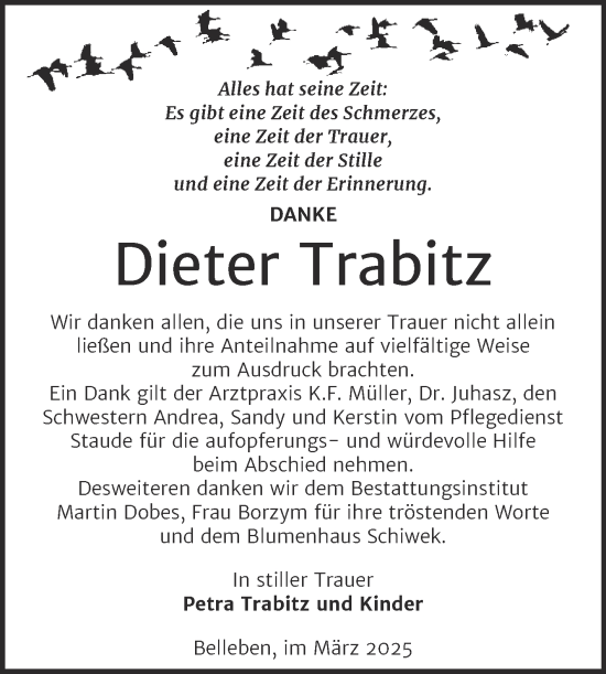 Traueranzeige von Dieter Trabitz von Trauerkombi Bernburg