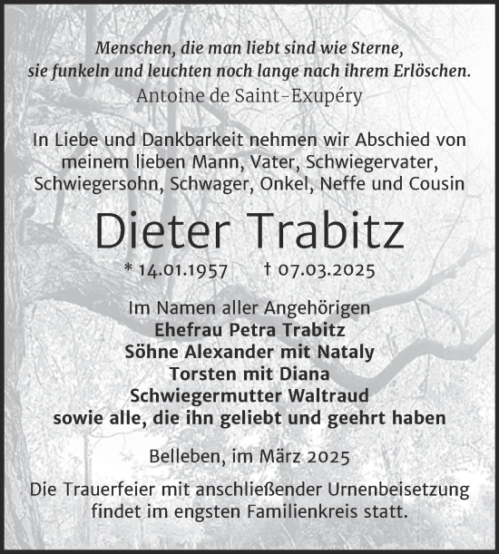 Traueranzeige von Dieter Trabitz von Trauerkombi Bernburg