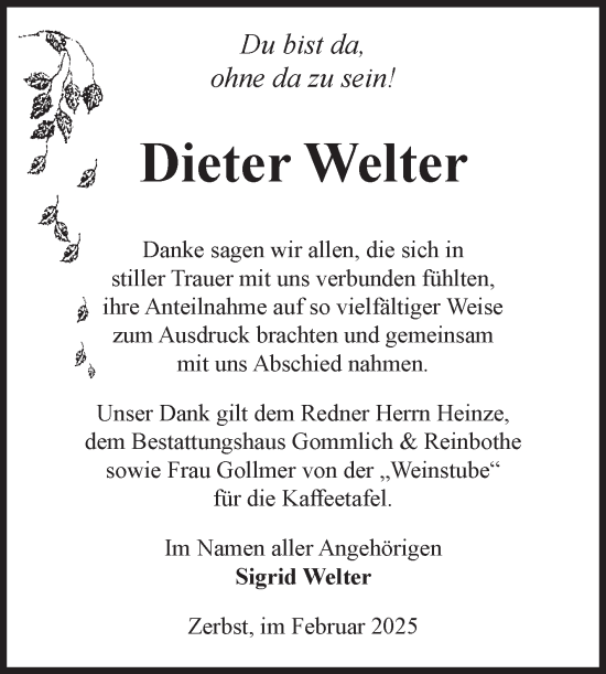 Traueranzeige von Dieter Welter von Volksstimme Zerbst