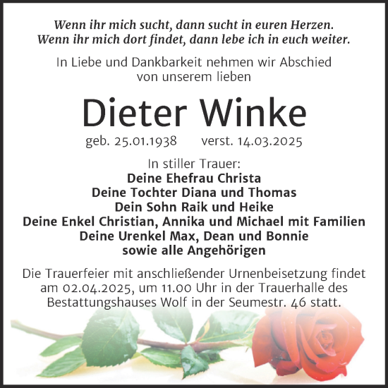Traueranzeige von Dieter Winke von Trauerkombi Weißenfels