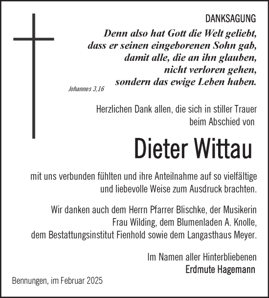 Traueranzeige von Dieter Wittau von Trauerkombi Sangerhausen
