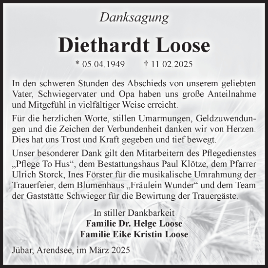 Traueranzeige von Diethardt Loose von Volksstimme Altmark West