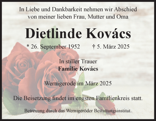 Traueranzeige von Dietlinde Kovács von Volksstimme Wernigerode