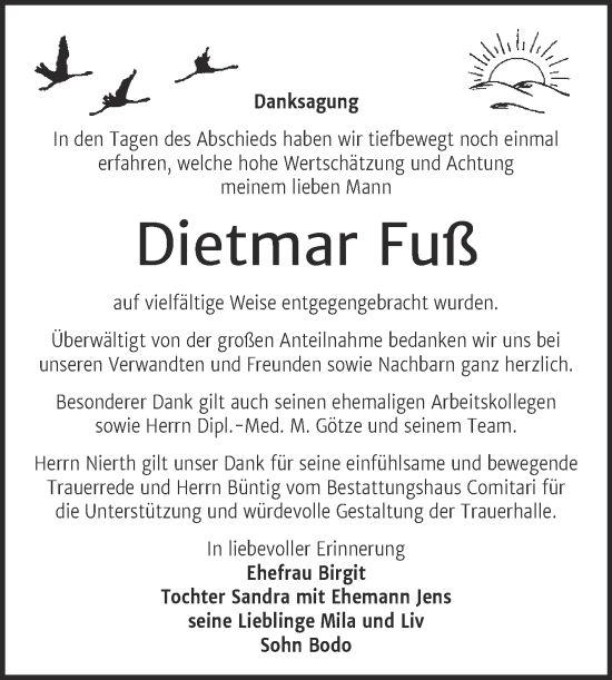 Traueranzeige von Dietmar Fuß von Trauerkombi Weißenfels