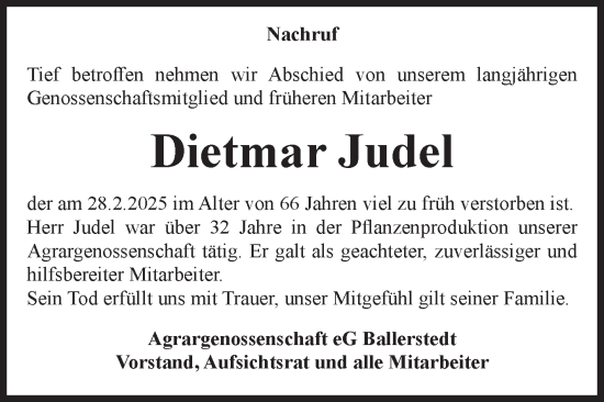Traueranzeige von Dietmar Judel von Volksstimme Altmark Ost