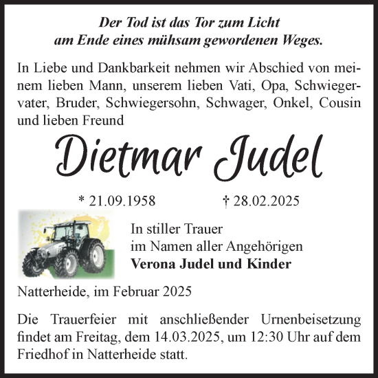 Traueranzeige von Dietmar Judel von Volksstimme Altmark Ost