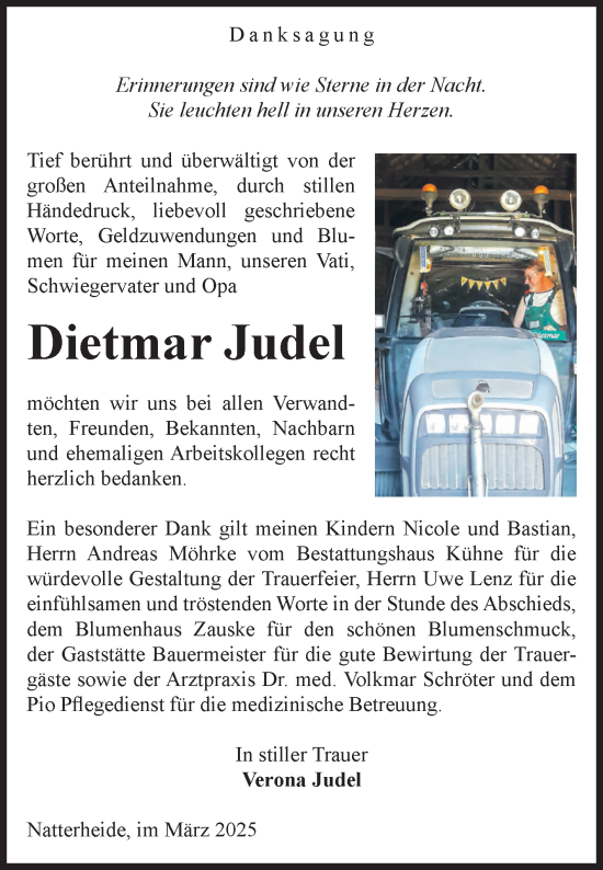 Traueranzeige von Dietmar Judel von Volksstimme Altmark Ost
