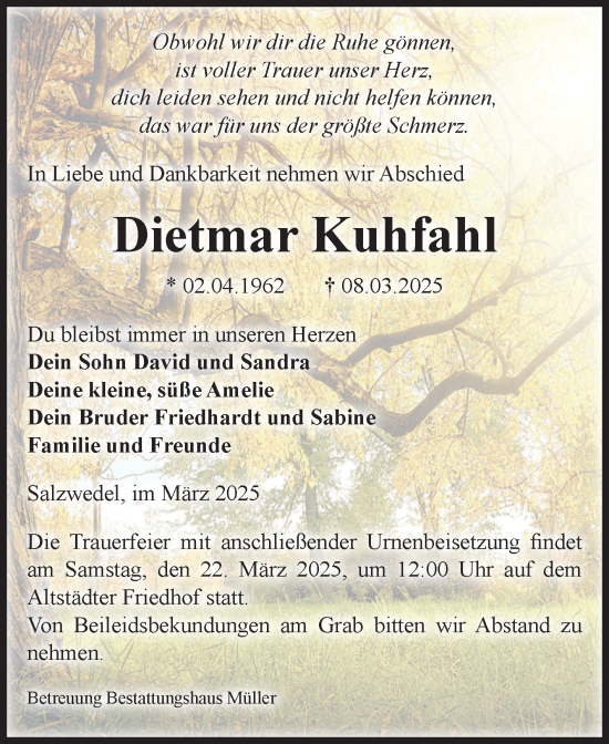 Traueranzeige von Dietmar Kuhfahl von Volksstimme Altmark West