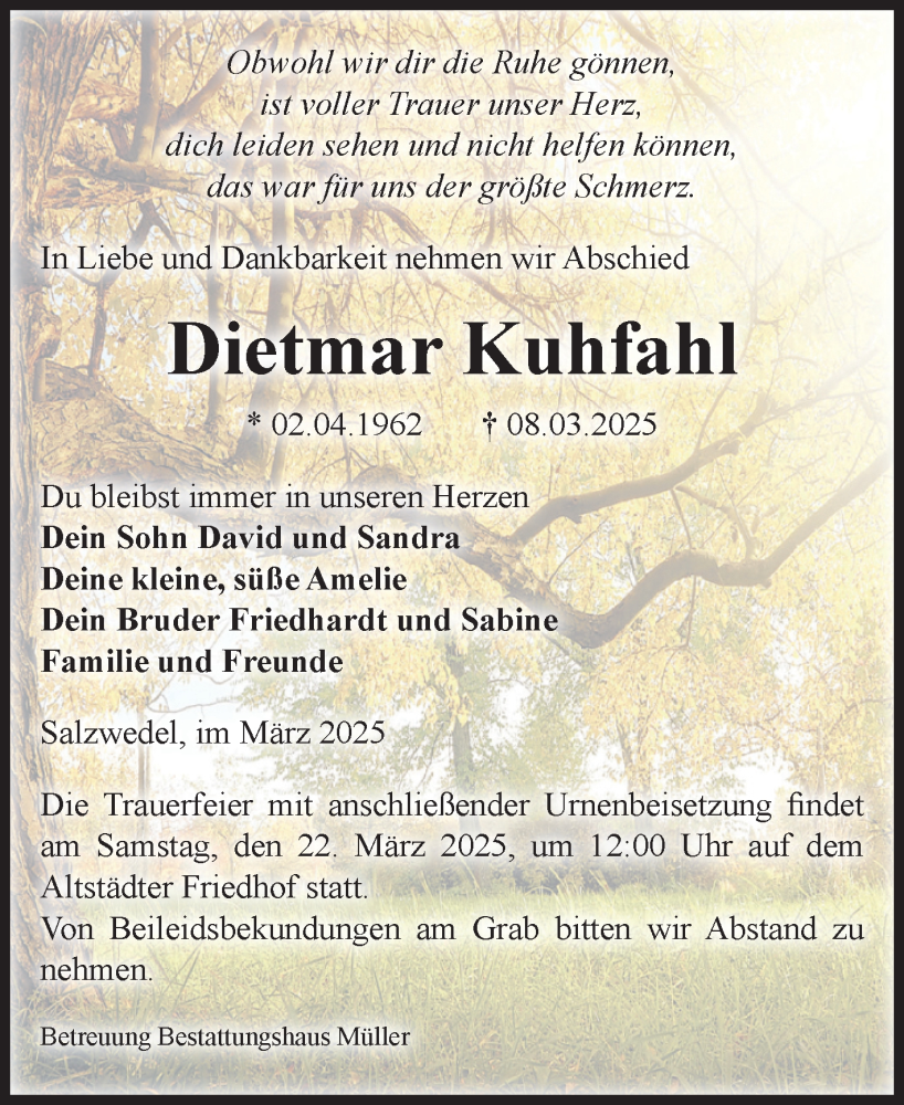  Traueranzeige für Dietmar Kuhfahl vom 15.03.2025 aus Volksstimme Altmark West