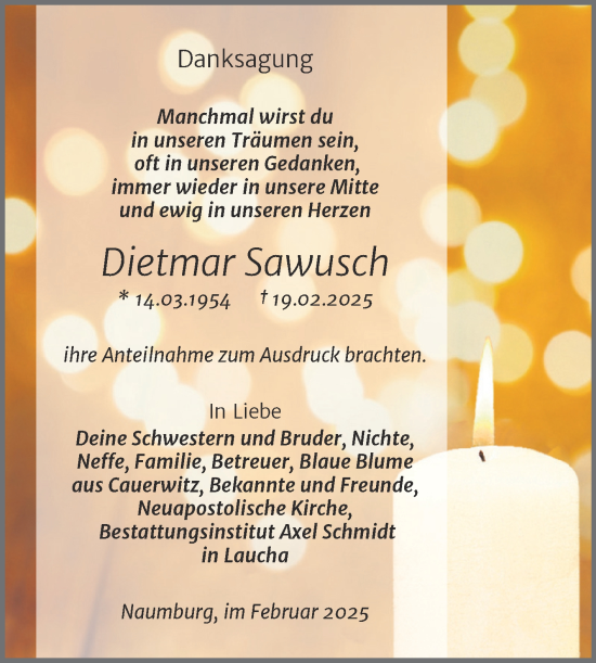 Traueranzeige von Dietmar Sawusch von Naumburger Tageblatt