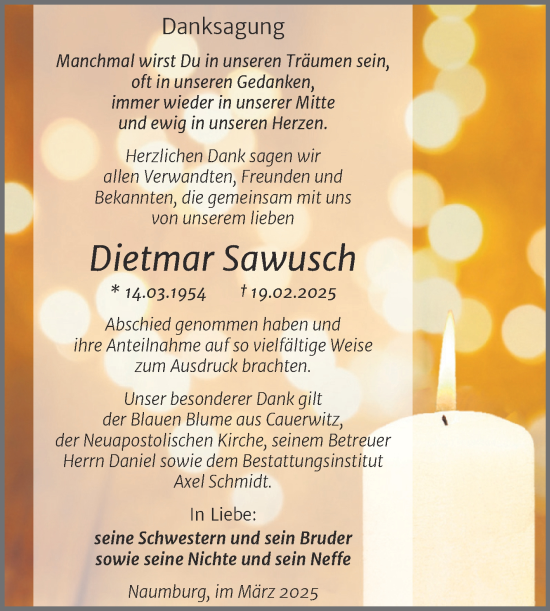 Traueranzeige von Dietmar Sawusch von Super Sonntag Naumburg/Nebra
