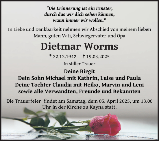 Traueranzeige von Dietmar Worms von Trauerkombi Zeitz