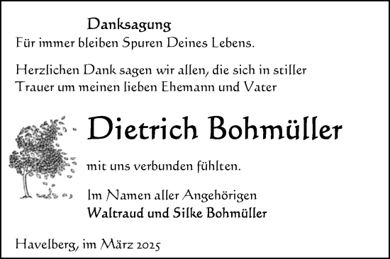 Traueranzeige von Dietrich Bohmüller von Volksstimme Altmark Ost