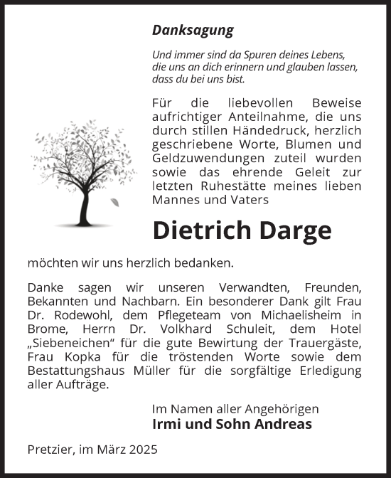 Traueranzeige von Dietrich Darge von Volksstimme Altmark West