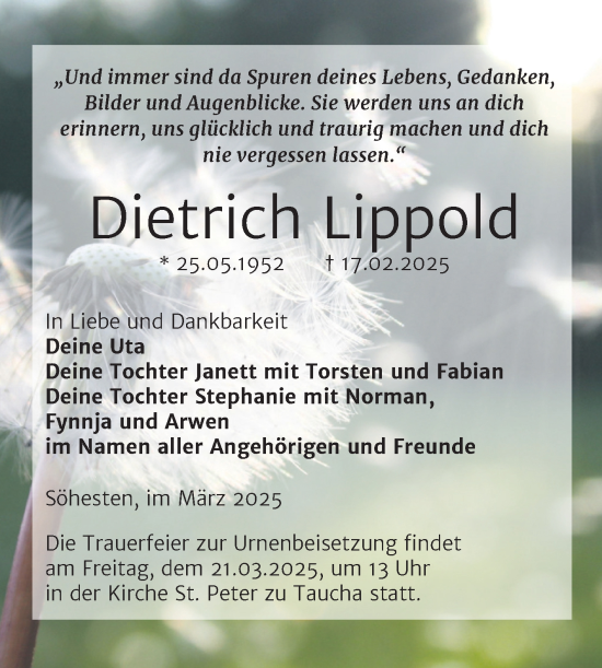 Traueranzeige von Dietrich Lippold von Trauerkombi Weißenfels