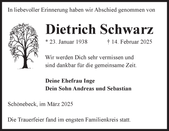 Traueranzeige von Dietrich Schwarz von Volksstimme Schönebeck