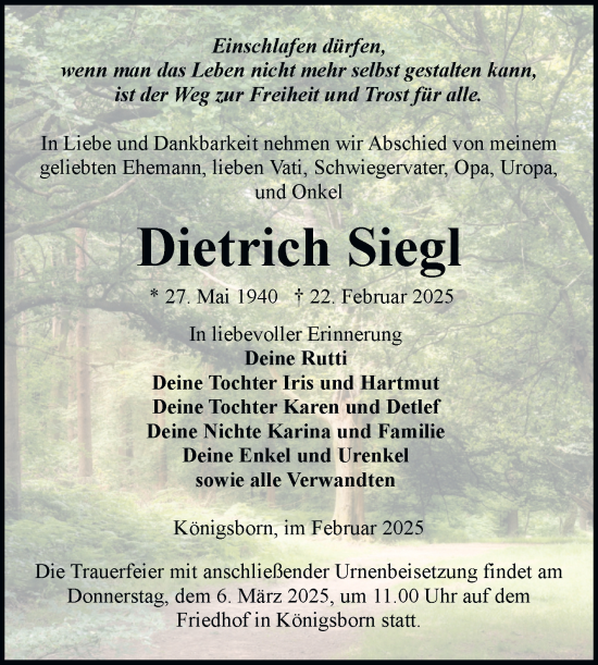 Traueranzeige von Dietrich Siegl von Volksstimme Burg/Genthin