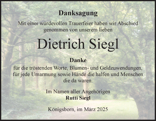 Traueranzeige von Dietrich Siegl von Volksstimme Burg/Genthin