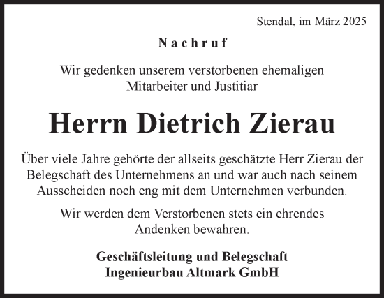 Traueranzeige von Dietrich Zierau 